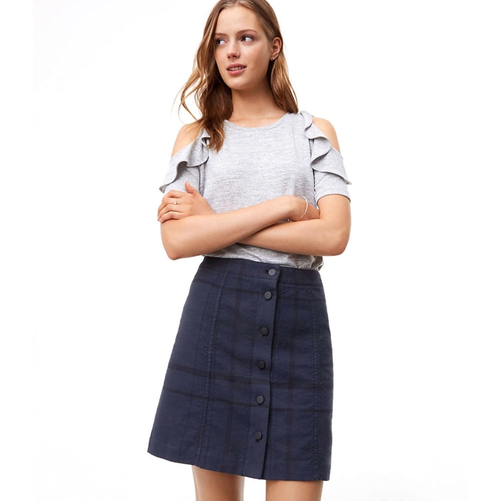 LOFT Dark Navy Button Front Plaid Skirt
